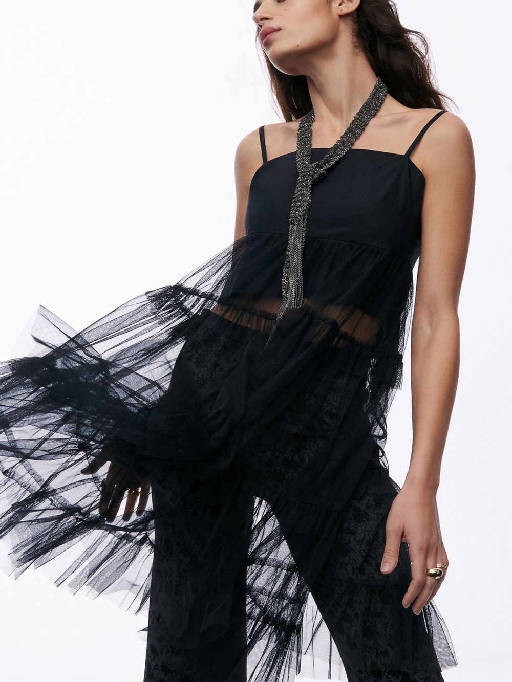 Anthropologie Black Sheer Tiered Mini Dress